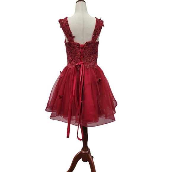 NWT Women's Crimson Red Short Butterfly Cocktail Dress with Tulle Corset back - Picture 8 of 13